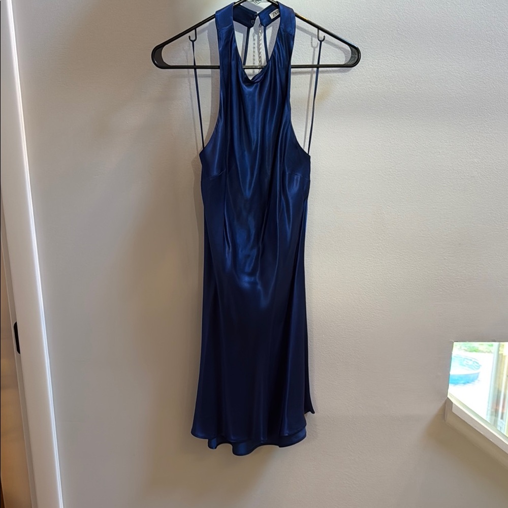 Elegant Blue Satin Halter Dress